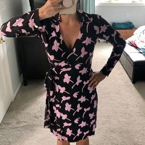 DVF Long Sleeve Black & Pink Floral Wrap Dress, 6